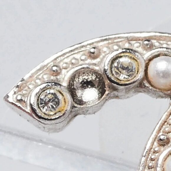 Chanel Silver Metal Faux Pearl and Crystal CC Stud Earrings - Picture 5 of 6